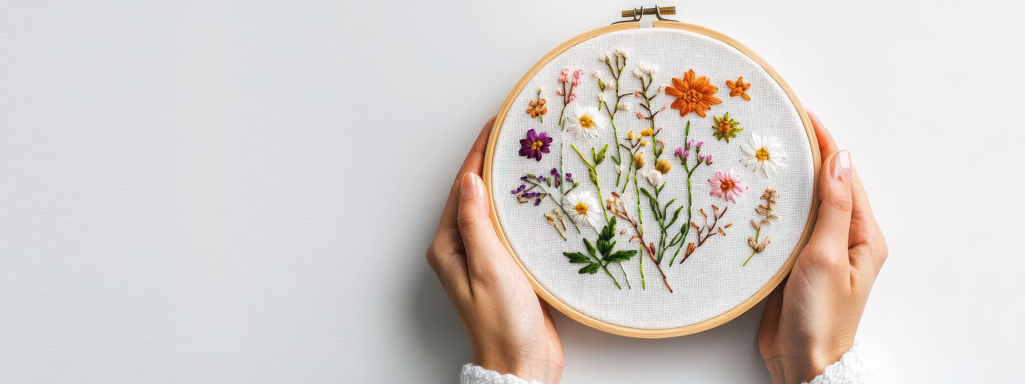 Mano che ricama un fiore su tessuto naturale
